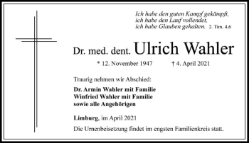 Traueranzeige von Ulrich Wahler von FNP