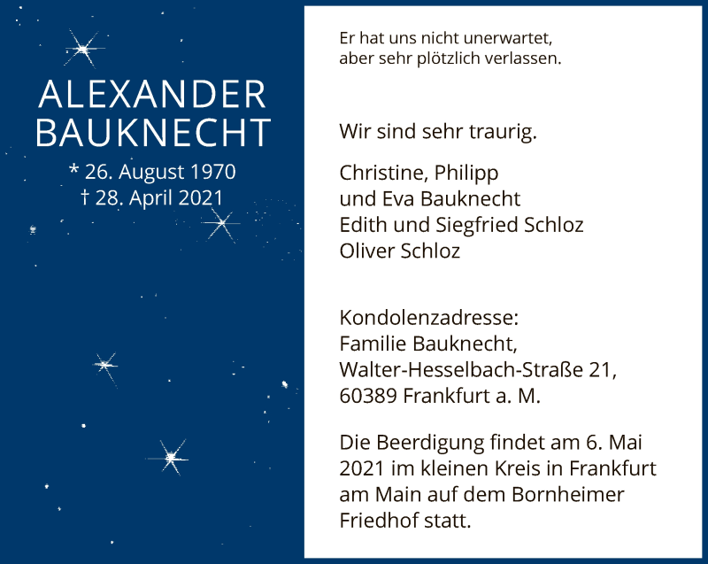  Traueranzeige für Alexander Bauknecht vom 03.05.2021 aus FNP