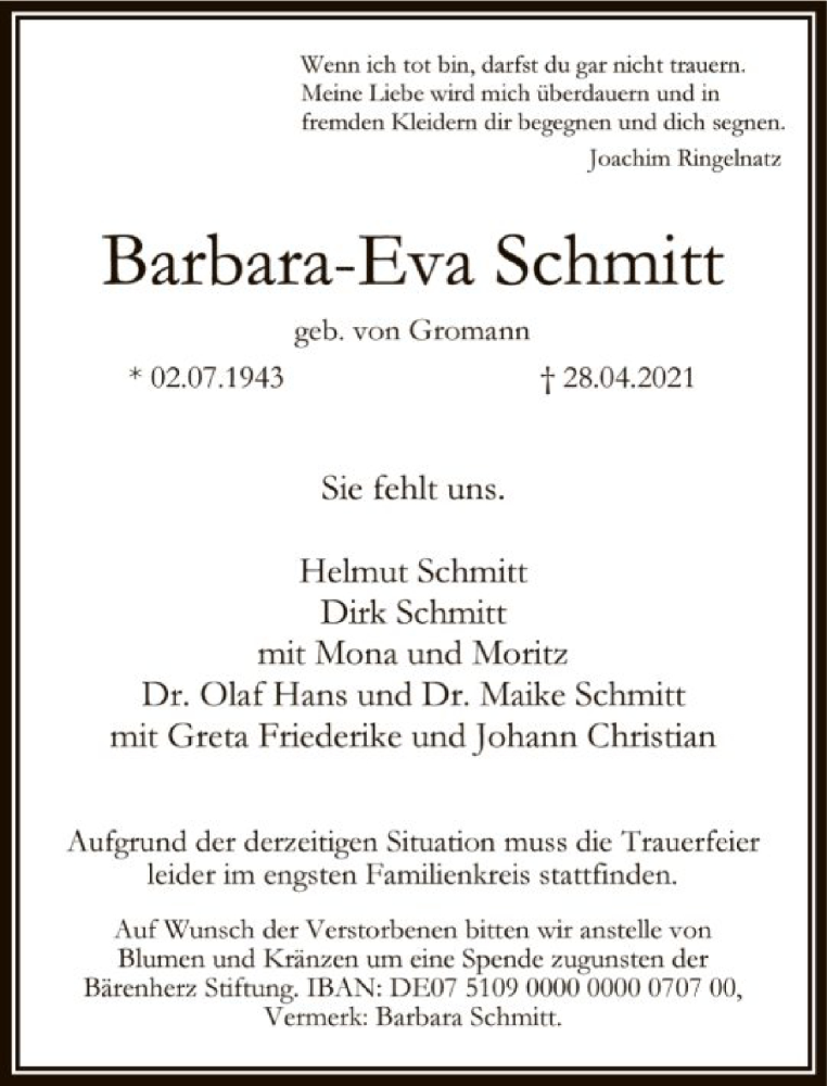 Traueranzeigen Von Barbara-Eva Schmitt | Trauer-rheinmain.de