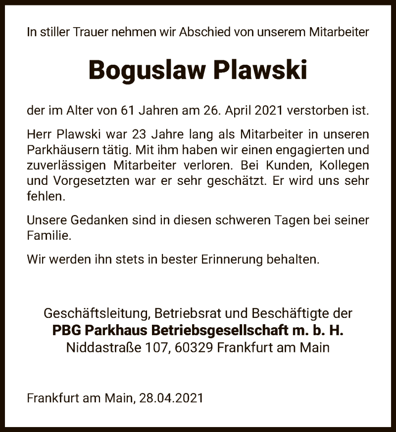  Traueranzeige für Boguslaw Plawski vom 03.05.2021 aus FNP