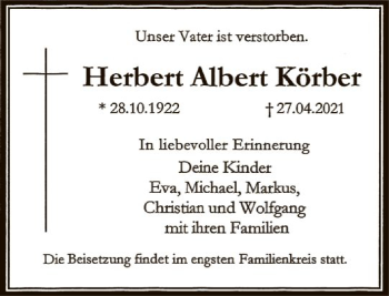 Traueranzeige von Herbert Albert Körber von FNP