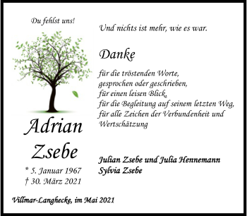 Traueranzeige von Adrian Zsebe von FNP