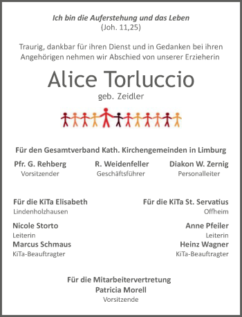 Traueranzeige von Alice Torluccio von FNP