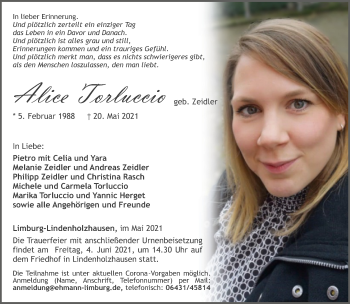 Traueranzeige von Alice Torluccio von FNP