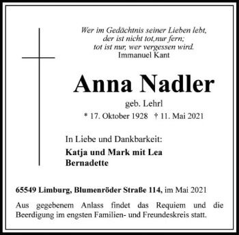 Traueranzeige von Anna Nadler von FNP