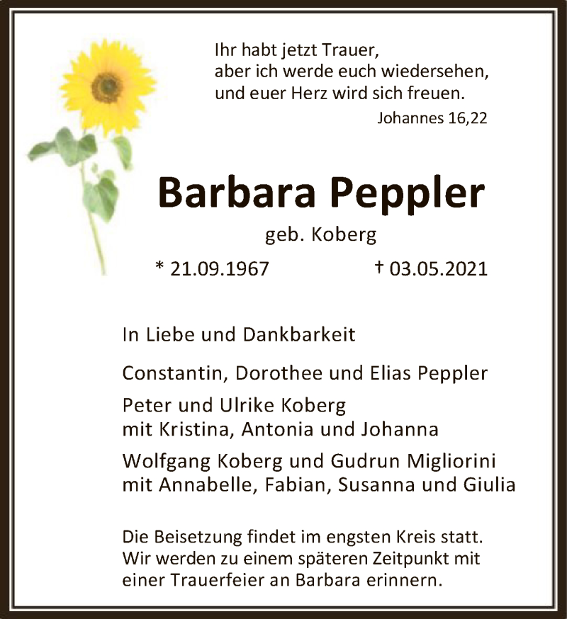  Traueranzeige für Barbara Peppler vom 22.05.2021 aus FNP