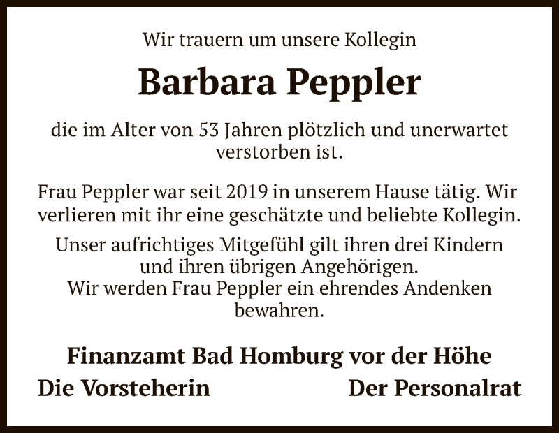  Traueranzeige für Barbara Peppler vom 22.05.2021 aus FNP