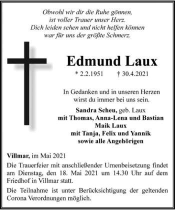 Traueranzeige von Edmund Laux von FNP