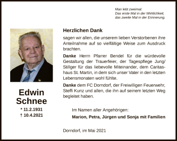 Traueranzeige von Edwin Schnee von FNP