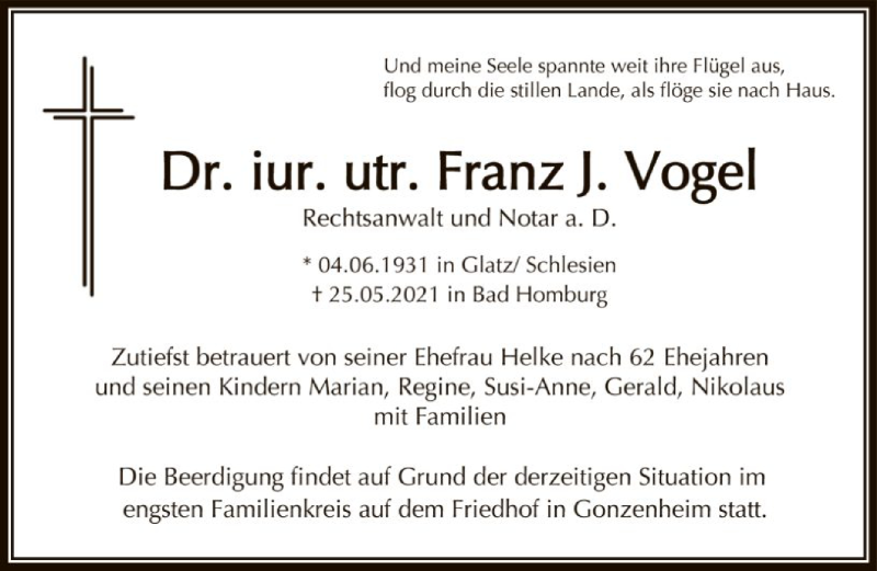  Traueranzeige für Franz J. Vogel vom 29.05.2021 aus FNP