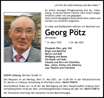 Traueranzeige von Georg Pötz von FNP