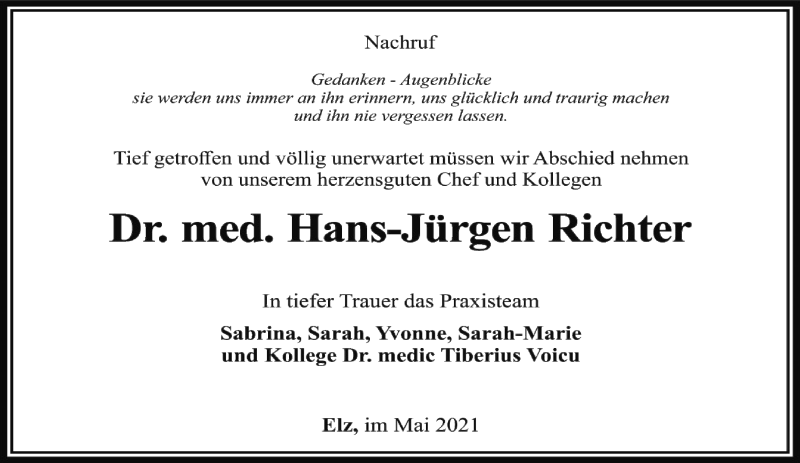  Traueranzeige für Hans-Jürgen Richter vom 15.05.2021 aus FNP