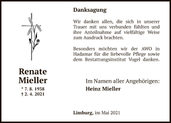 Traueranzeige von Renate Mieller von FNP