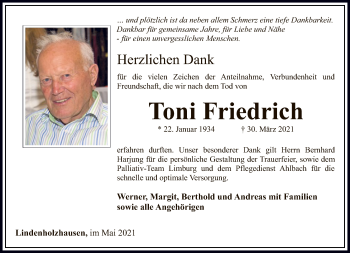 Traueranzeige von Toni Friedrich von FNP