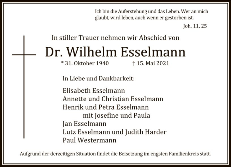  Traueranzeige für Wilhelm Esselmann vom 22.05.2021 aus FNP