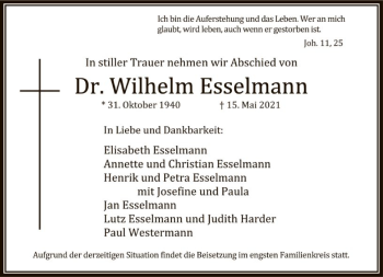 Traueranzeige von Wilhelm Esselmann von FNP