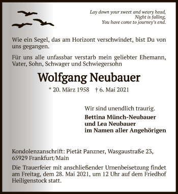 Traueranzeige von Wolfgang Neubauer von FNP