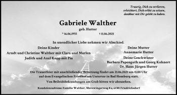 Traueranzeige von Gabriele Walther von FNP