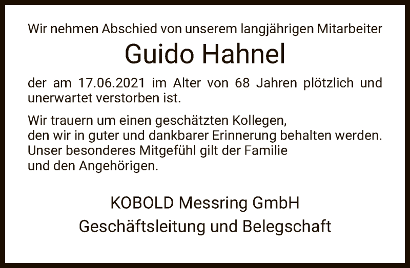  Traueranzeige für Guido Hahnel vom 26.06.2021 aus FNP