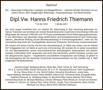 Traueranzeige von Hanns Friedrich Thiemann von FNP