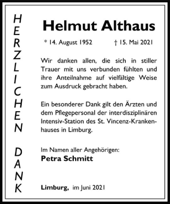 Traueranzeige von Helmut Althaus von FNP