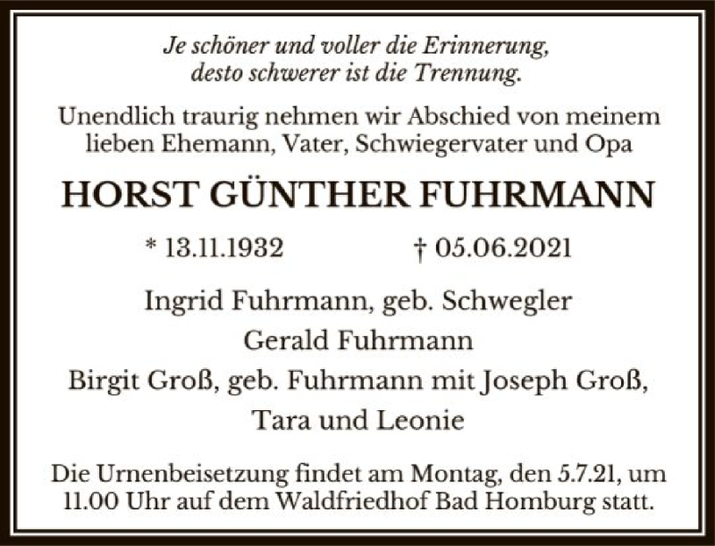 Traueranzeige für Horst Günther Fuhrmann vom 26.06.2021 aus FNP