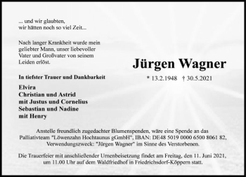 Traueranzeige von Jürgen Wagner von FNP
