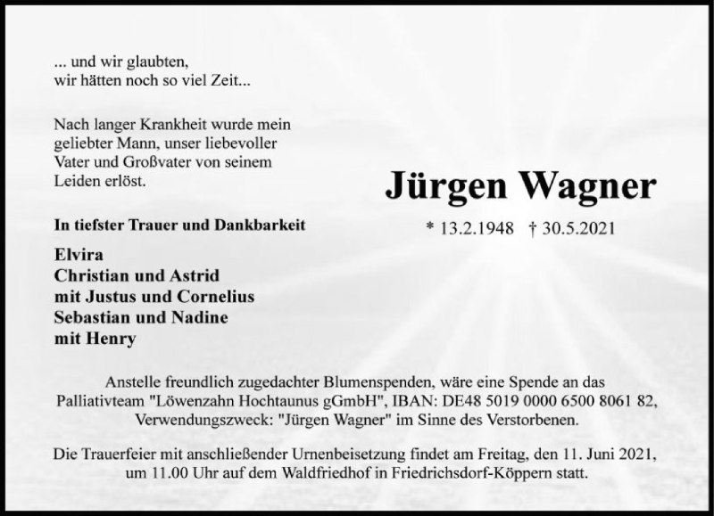  Traueranzeige für Jürgen Wagner vom 05.06.2021 aus FNP