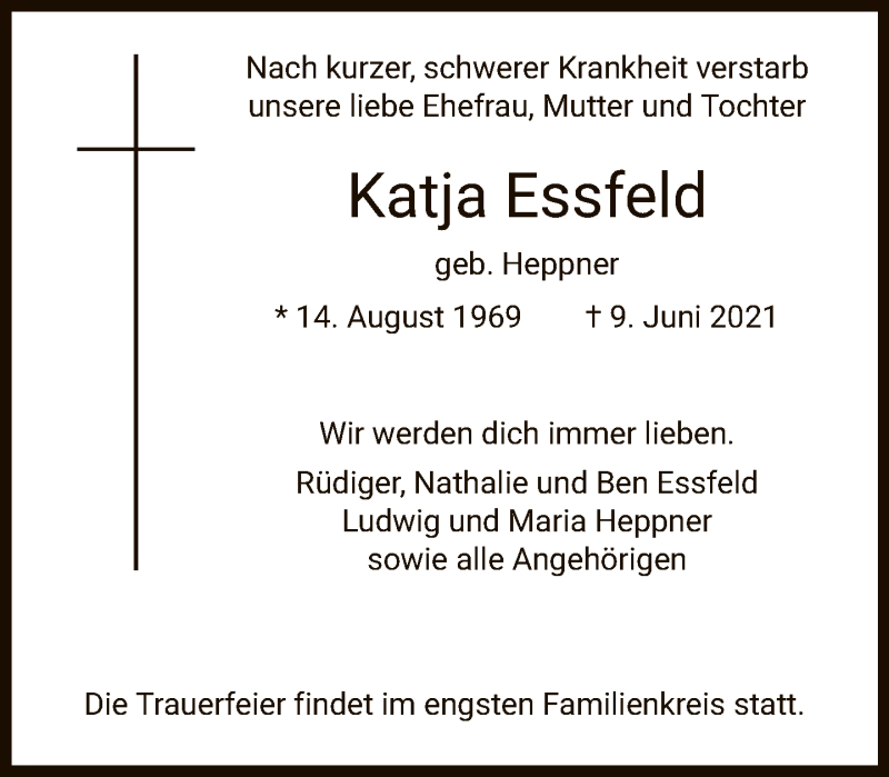  Traueranzeige für Katja Essfeld vom 12.06.2021 aus FNP