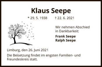 Traueranzeige von Klaus Seepe von FNP