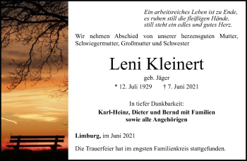 Traueranzeige von Leni Kleinert von FNP