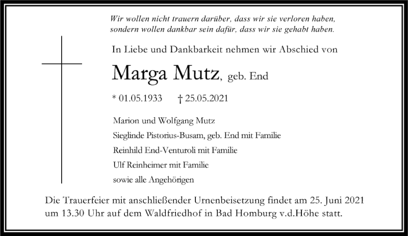  Traueranzeige für Marga Mutz vom 12.06.2021 aus FNP