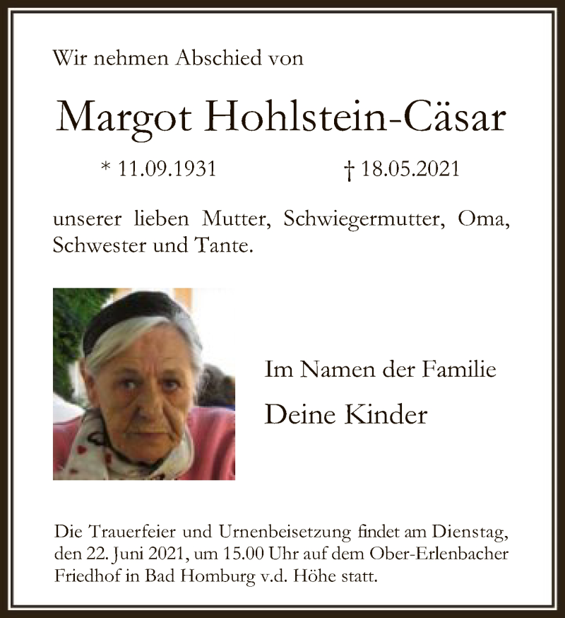  Traueranzeige für Margot Hohlstein-Cäsar vom 19.06.2021 aus FNP