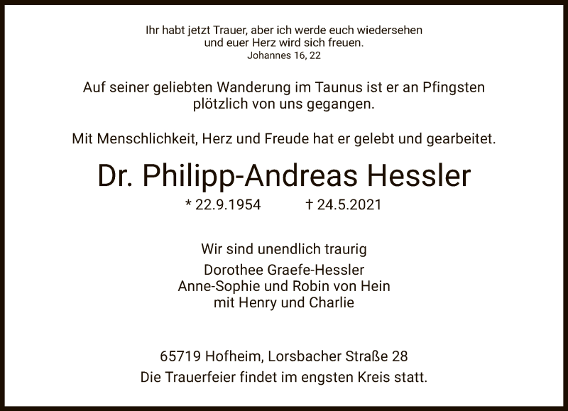  Traueranzeige für Philipp-Andreas Hessler vom 04.06.2021 aus FNP