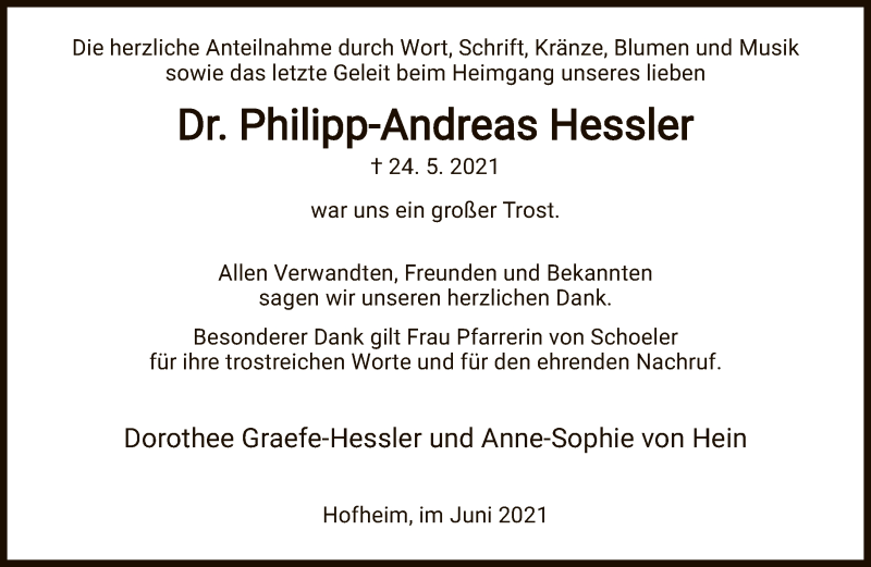  Traueranzeige für Philipp-Andreas Hessler vom 18.06.2021 aus FNP