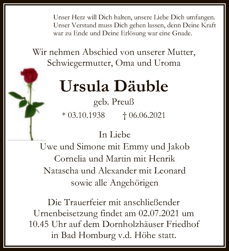  Traueranzeige für Ursula Däuble vom 19.06.2021 aus FNP