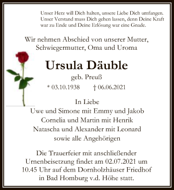 Traueranzeige von Ursula Däuble von FNP