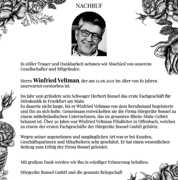 Traueranzeige von Winfried Veltman von FNP