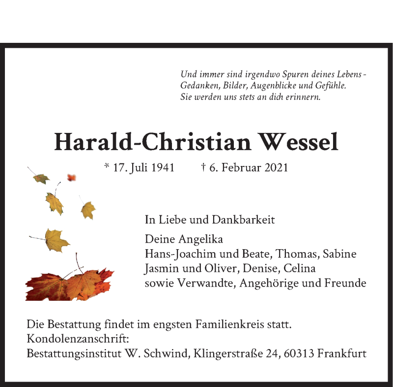  Traueranzeige für Harald-Christian Wessel vom 13.02.2021 aus 
