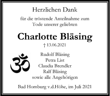Traueranzeige von Charlotte Bläsing von FNP