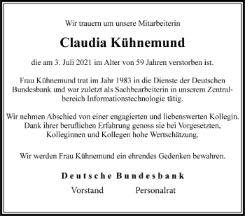 Traueranzeige von Claudia Kühnemund von FNP