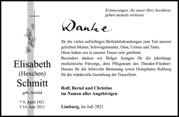 Traueranzeige von Elisabeth Schmitt von FNP