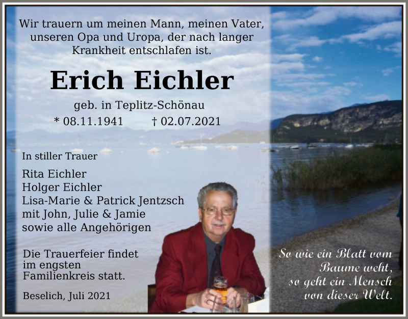  Traueranzeige für Erich Eichler vom 10.07.2021 aus FNP