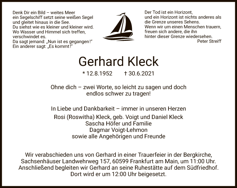  Traueranzeige für Gerhard Kleck vom 17.07.2021 aus FNP