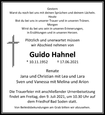 Traueranzeige von Guido Hahnel von FNP