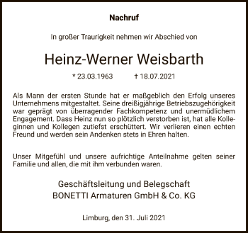 Traueranzeige von Heinz-Werner Weisbarth von FNP