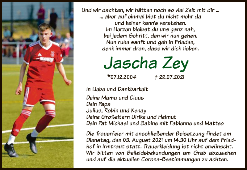  Traueranzeige für Jascha Zey vom 31.07.2021 aus FNP