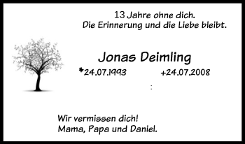 Traueranzeige von Jonas Deimling von FNP