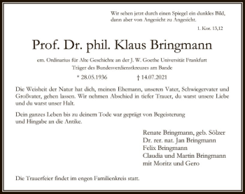 Traueranzeige von Klaus Bringmann von FNP