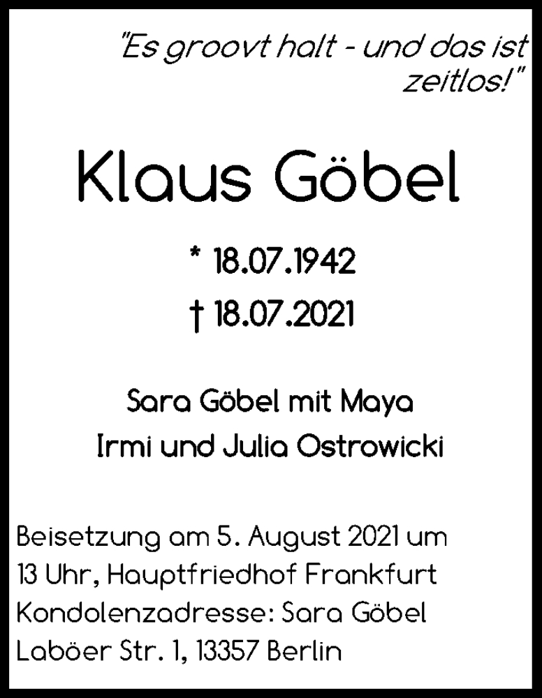  Traueranzeige für Klaus Göbel vom 24.07.2021 aus FNP